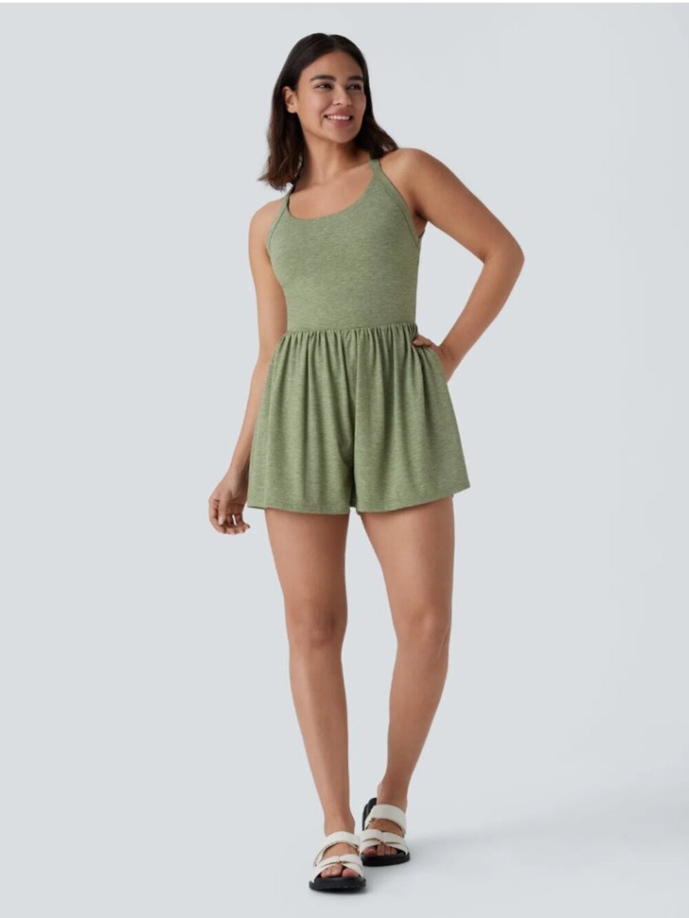 Halara Women's Lounge Easy Peasy Pockets Romper Heather Green Large NWT